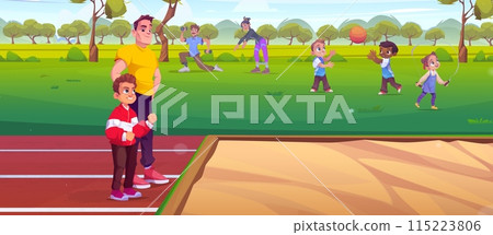 Boy and coach near box of sand for long jumps 115223806