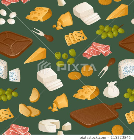Seamless pattern of different types of cheeses and fruits. Appetizers, snacks for wine on a green background. Vector illustration. 115223845