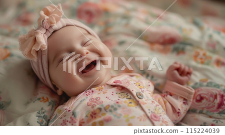 Sweet infant baby girl giggling on a flower patterned blanket 115224039