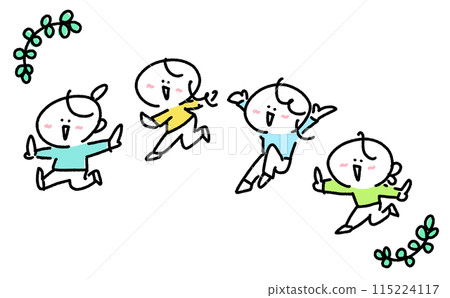 婦女們充滿活力地奔跑，帶著微笑跳躍，幸福、希望、有趣、簡單可愛的線條畫插圖。 115224117