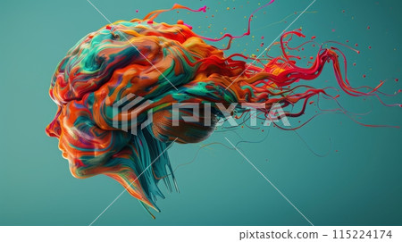 Artistic 3d rendering of a human brain with vibrant, flowing colors symbolizing creativity and innovation Artistic 3d rendering of a human brain with vibrant, flowing colors symbolizing creativity and innovation 115224174