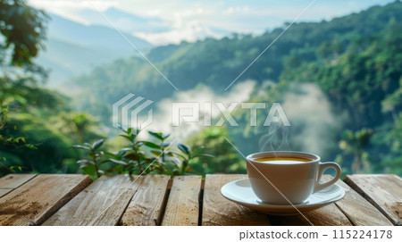 Hot cup of coffee on a wooden table with a view of a misty mountain scenery at sunrise 115224178