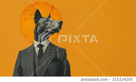 Collage of a stylish man with a dog's head in front of an orange background Collage of a stylish man with a dog's head in front of an orange background 115224205