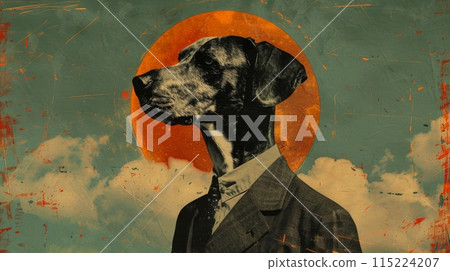Vintage background with a gentleman's body in a suit, creatively rendered onto a dog 115224207