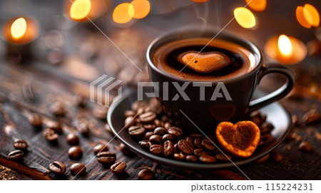 Warm cup of coffee with heart foam, surrounded by coffee beans and soft lights 115224231