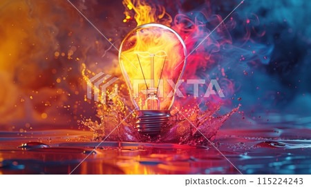 Artistic depiction of an illuminated light bulb exploding in vibrant colors, symbolizing creative ideas 115224243