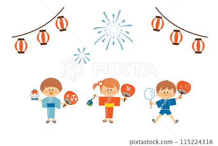 Festival: Children standing with smiles on their faces wearing yukata 115224316