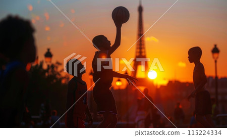 Silhouettes playing basketball with eiffel tower backdrop during sunset 115224334