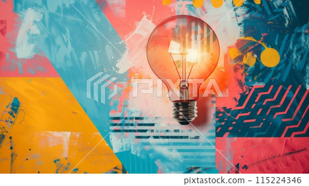 Creative and innovative concept, illuminated light bulb on a dynamic abstract background with geometric elements 115224346