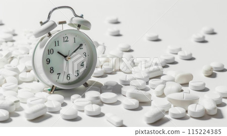 Classic alarm clock surrounded by white pills, representing medication time on a clean backdrop 115224385