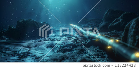 Underwater fiber optic cable being installed on ocean floor for internet connection 115224428