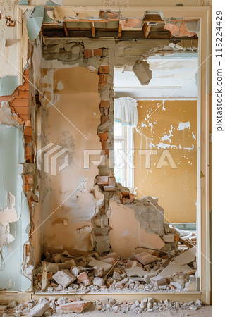 Demolishing a wall to create an open floor plan in home renovation 115224429