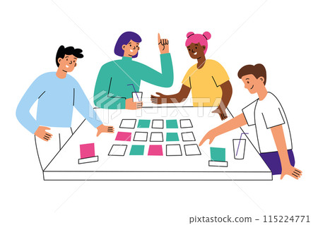 Friends playing board game with cards. Teams guess code words, competition word game at table. Composition with cartoon people at table. Vector illustration of family leisure activity at home Friends playing board game with cards. Teams guess code words, competition word game at table. Composition with cartoon people at table. Vector illustration of family leisure activity at home 115224771