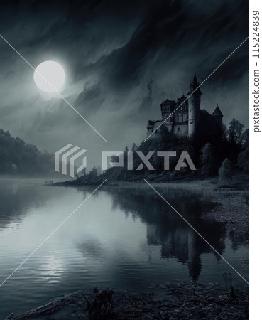 Full moon and ruined castle by the lake 4 AI generated image 115224839