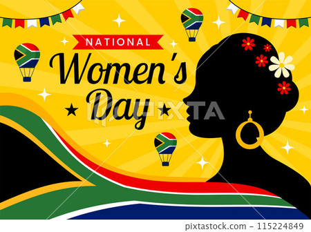 Happy Women's Day in South Africa Celebration Vector Illustration with an Ethnic Black Woman and Waving Flag in a National Holiday Flat Background Happy Women's Day in South Africa Celebration Vector Illustration with an Ethnic Black Woman and Waving Flag in a National Holiday Flat Background 115224849