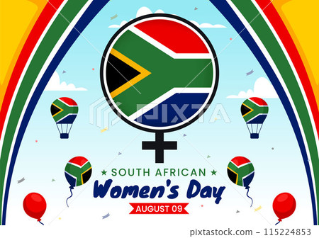 Happy Women's Day in South Africa Celebration Vector Illustration with an Ethnic Black Woman and Waving Flag in a National Holiday Flat Background Happy Women's Day in South Africa Celebration Vector Illustration with an Ethnic Black Woman and Waving Flag in a National Holiday Flat Background 115224853