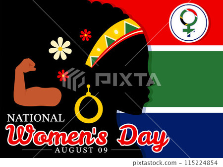 Happy Women's Day in South Africa Celebration Vector Illustration with an Ethnic Black Woman and Waving Flag in a National Holiday Flat Background Happy Women's Day in South Africa Celebration Vector Illustration with an Ethnic Black Woman and Waving Flag in a National Holiday Flat Background 115224854
