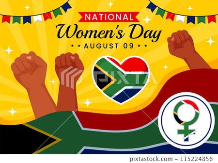 Happy Women's Day in South Africa Celebration Vector Illustration with an Ethnic Black Woman and Waving Flag in a National Holiday Flat Background Happy Women's Day in South Africa Celebration Vector Illustration with an Ethnic Black Woman and Waving Flag in a National Holiday Flat Background 115224856