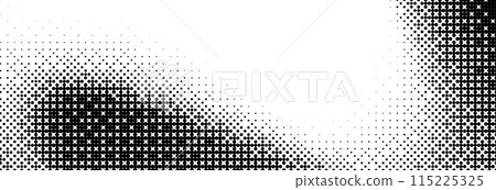 Bitmap grunge gradient texture. Black and white pixelated dither wave pattern. Abstract glitch 8-bit game wallpaper. Retro wide wavy rasterized backdrop. Pixel art background. Vector illustration 115225325