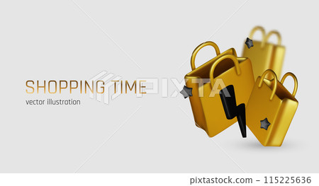 Black Friday super sale. Promo background with realistic 3d cartoon style elements, black gift, percent symbols, stars, percent symbols. Promotion banner, web poster. vector illustration Black Friday super sale. Promo background with realistic 3d cartoon style elements, black gift, percent symbols, stars, percent symbols. Promotion banner, web poster. vector illustration 115225636