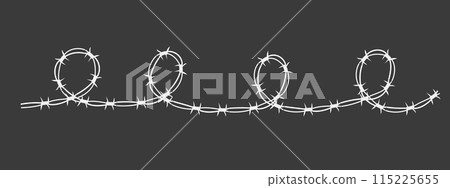 Barbed wire y2k twisted barrier gothic steel boundary, silhouette guard fence, protection isolated on white background. Design element for military, secure object, prison.  115225655
