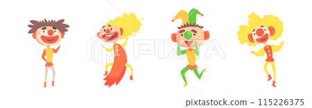 Funny Clown Boy Character in Bright Costume with Nose Vector Set 115226375