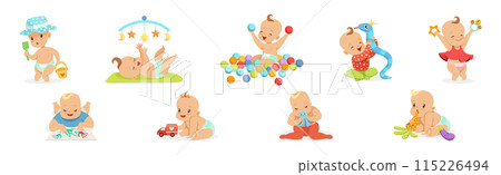 Infant Newborn Baby Wear Diaper in Different Activity Vector Set 115226494