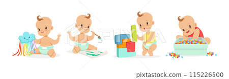 Infant Newborn Baby Wear Diaper in Different Activity Vector Set 115226500