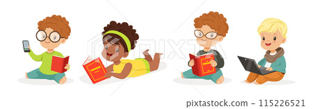Cute Kids Using Modern Mobile Gadget and Book for Reading Vector Set 115226521