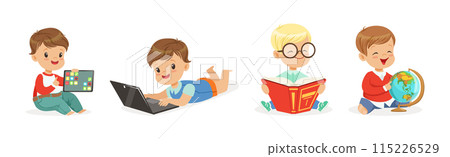 Cute Boy Using Modern Mobile Gadget and Read Book Learning Vector Set Cute Boy Using Modern Mobile Gadget and Read Book Learning Vector Set 115226529