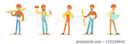Man Builder and Engineer Character in Hard Hat Vector Set 115226642