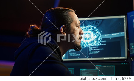Hacker using AI machine learning to find unpatched connections and steal data. Close up shot of scammer using artificial intelligence to compromise digital devices and illegally gaining info, camera A 115226729