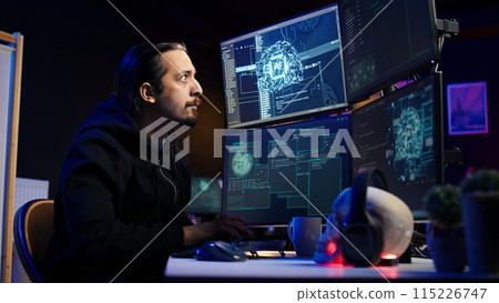 Hacker using AI technology to target vulnerable unpatched connections to steal data. Cybercriminal using artificial intelligence to compromise digital devices and gain illicit info, camera B 115226747