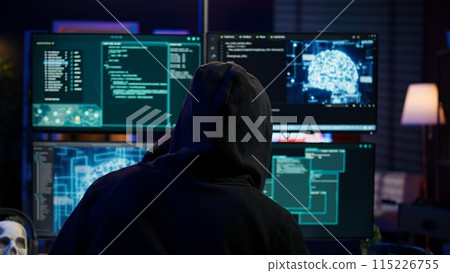 Cybercriminal using AI machine learning to develop zero day exploit undetectable by antivirus software. Hacker using artificial intelligence technology to build script tricking firewalls, camera B 115226755