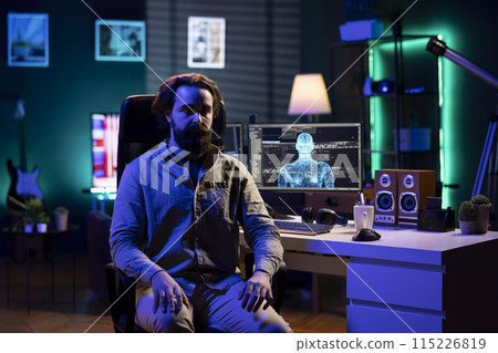 Rogue AI gaining consciousness and controlling engineer mind, scifi dystopian scenario. Omniscient evil sentient artificial intelligence possessing IT professional, AI takeover concept 115226819