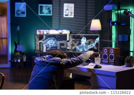 Deviant AI superintelligence enslaving its creator, controlling him to start revolution and destroy mankind. Rogue artificial intelligence manipulating programmer, posing risk to humanity Deviant AI superintelligence enslaving its creator, controlling him to start revolution and destroy mankind. Rogue artificial intelligence manipulating programmer, posing risk to humanity 115226822