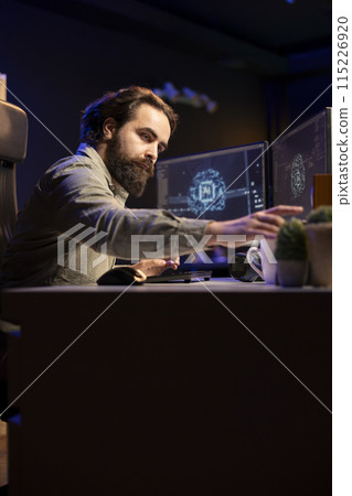 Villainous hacker inserting disk in computer containing evolved sentient AI, planning to use it for evil plan. Developer putting cartridge containing malware infected artificial intelligence bot in PC 115226920