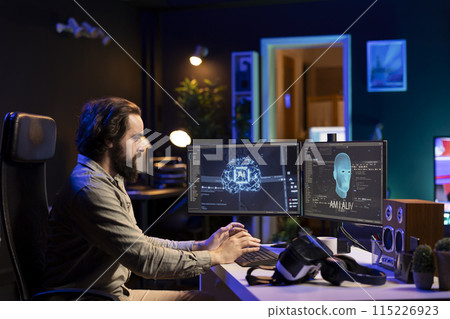 Man getting scared while programming after AI becomes sentient, afraid of it spiraling out of control and dooming humanity. Developer worried by conscious artificial intelligence 115226923