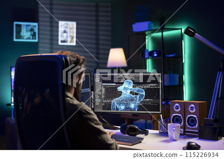 Self aware AI gaining humanoid form inside cyberspace, waving hand, saluting system administrator. Artificial intelligence becoming sentient, greeting IT specialist working from home 115226934