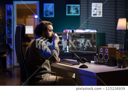 Software developer drinking coffee, watching AI on screen gaining humanoid form and consciousness. Computer scientist consuming hot beverage, seeing artificial intelligence materializing on monitor Software developer drinking coffee, watching AI on screen gaining humanoid form and consciousness. Computer scientist consuming hot beverage, seeing artificial intelligence materializing on monitor 115226939