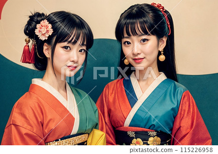 Ukiyo-e style portrait of a pair of beauties 115226958