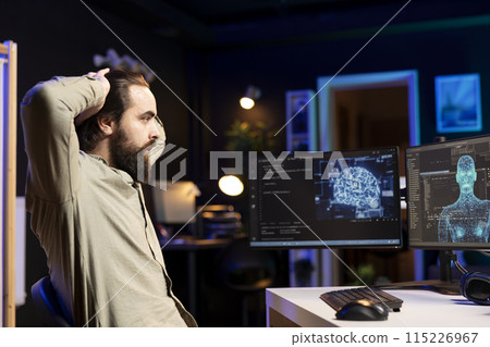 Artificial intelligence entity with anthropomorphic body escaping control of creator, shocking software developer. AI robot gaining humanoid form inside computer, surprising bewildered engineer Artificial intelligence entity with anthropomorphic body escaping control of creator, shocking software developer. AI robot gaining humanoid form inside computer, surprising bewildered engineer 115226967