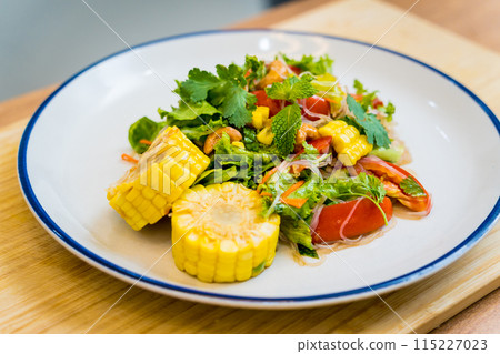 Spicy glass noodle salad on the white plate 115227023