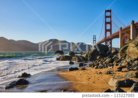 Boulders blocking path to Golden Gate Bridge on San Francisco Marshalls Beach Boulders blocking path to Golden Gate Bridge on San Francisco Marshalls Beach 115227085