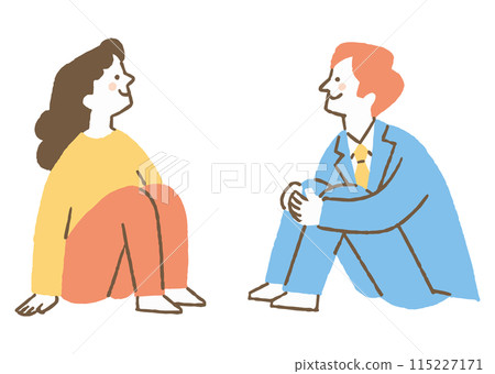 Men and women sitting on the floor and looking up_color Men and women sitting on the floor and looking up_color 115227171