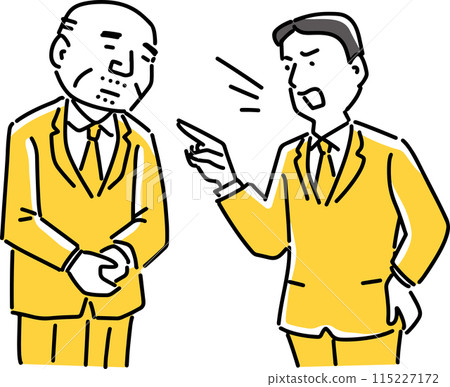 An older male employee being lectured by a younger male employee 115227172