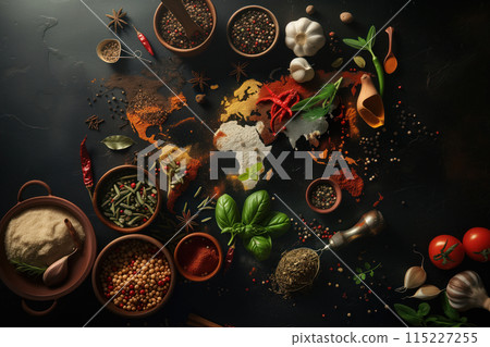 Spices, herbs, food ingredients from around world on dark background. AI Generative 115227255