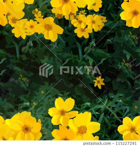 向量圖的背景與草叢中的黃色花朵，無縫 115227291