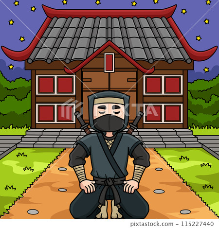 Ninja In Front of a Ninja House Colored Cartoon  115227440