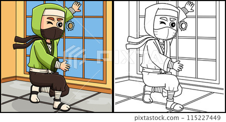 Ninja Peeking through a Hole Coloring Illustration 115227449